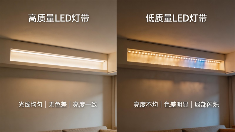 jimeng-2026-03-19-1019-对比画面，高质量LED灯带与低质量灯带对比，高质量一侧光线均匀柔和，无色差；低质....JPG