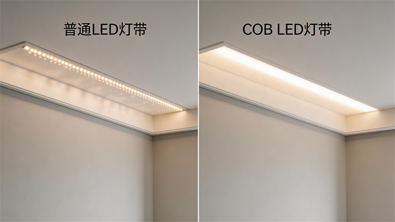 jimeng-2026-04-07-9345-LED灯带发光效果对比图，一张图氛围均匀地两部分，一侧为普通灯带出现明显光点颗粒....JPG
