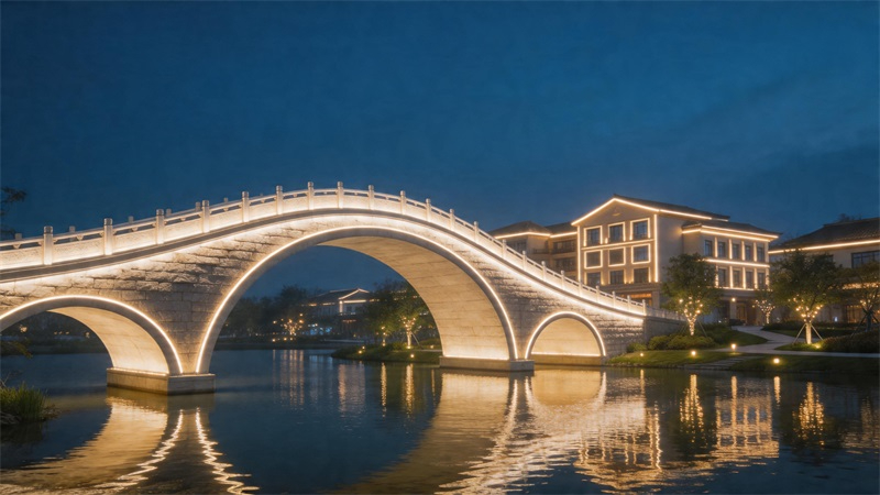 jimeng-2026-04-17-5049-大型文旅景区夜景亮化，桥梁或建筑外立面安装高功率线性灯带，灯光明亮均匀，环境包含....JPG